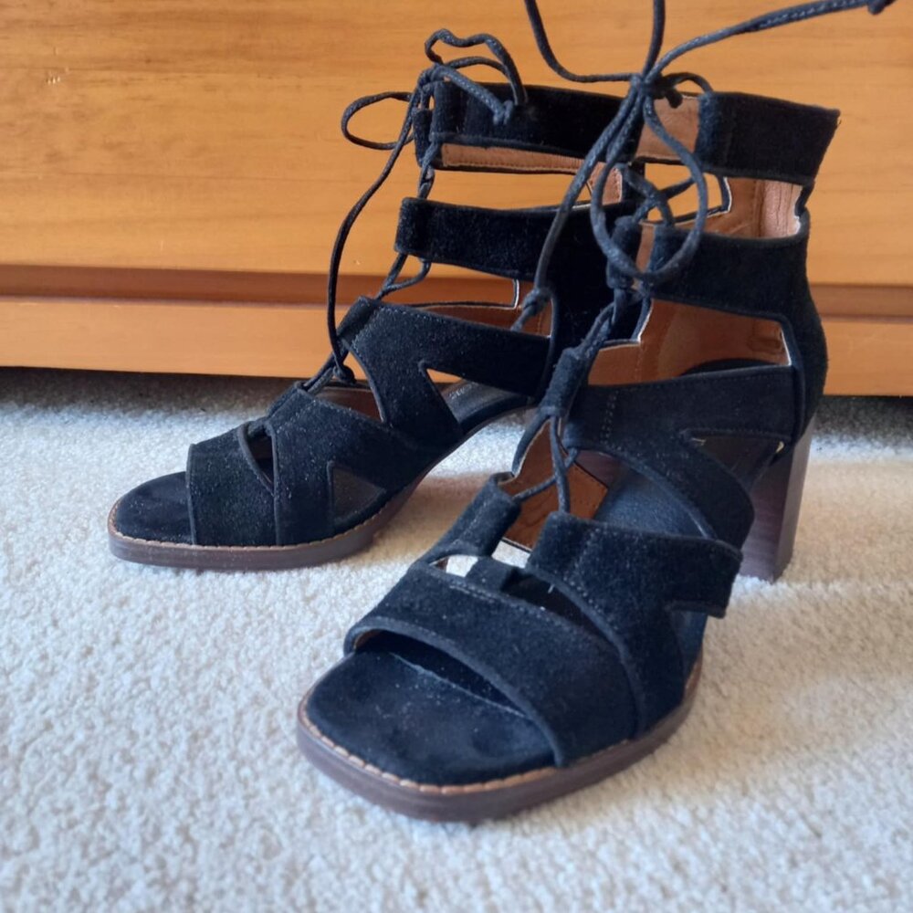Black Suede Lace-Up Heel Sandal - Crown Vintage - Size 8.5